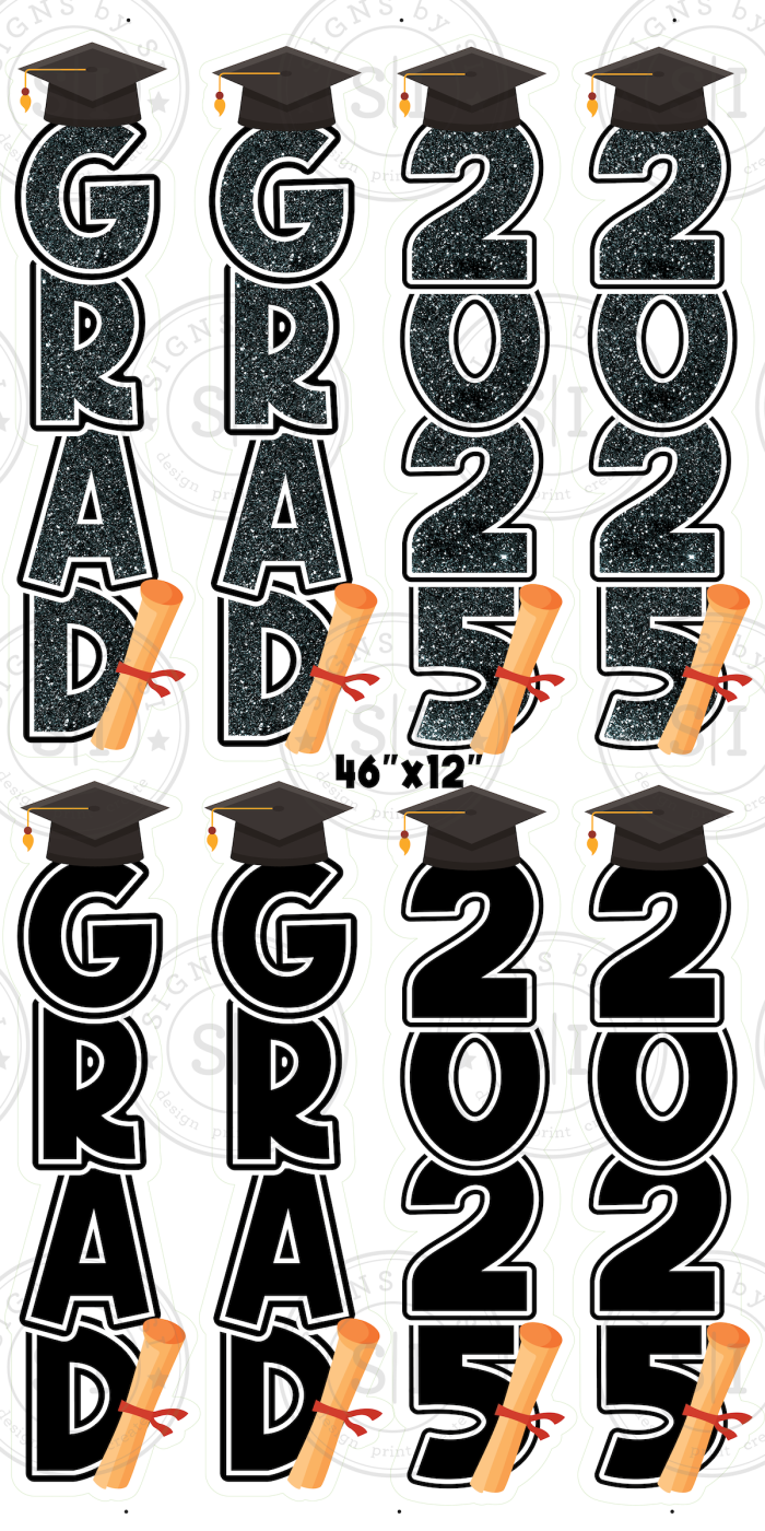 Vertical Grad Stack with Diploma, Cap, 2025 Black & Black Glitter - 8 Pieces - Image 2