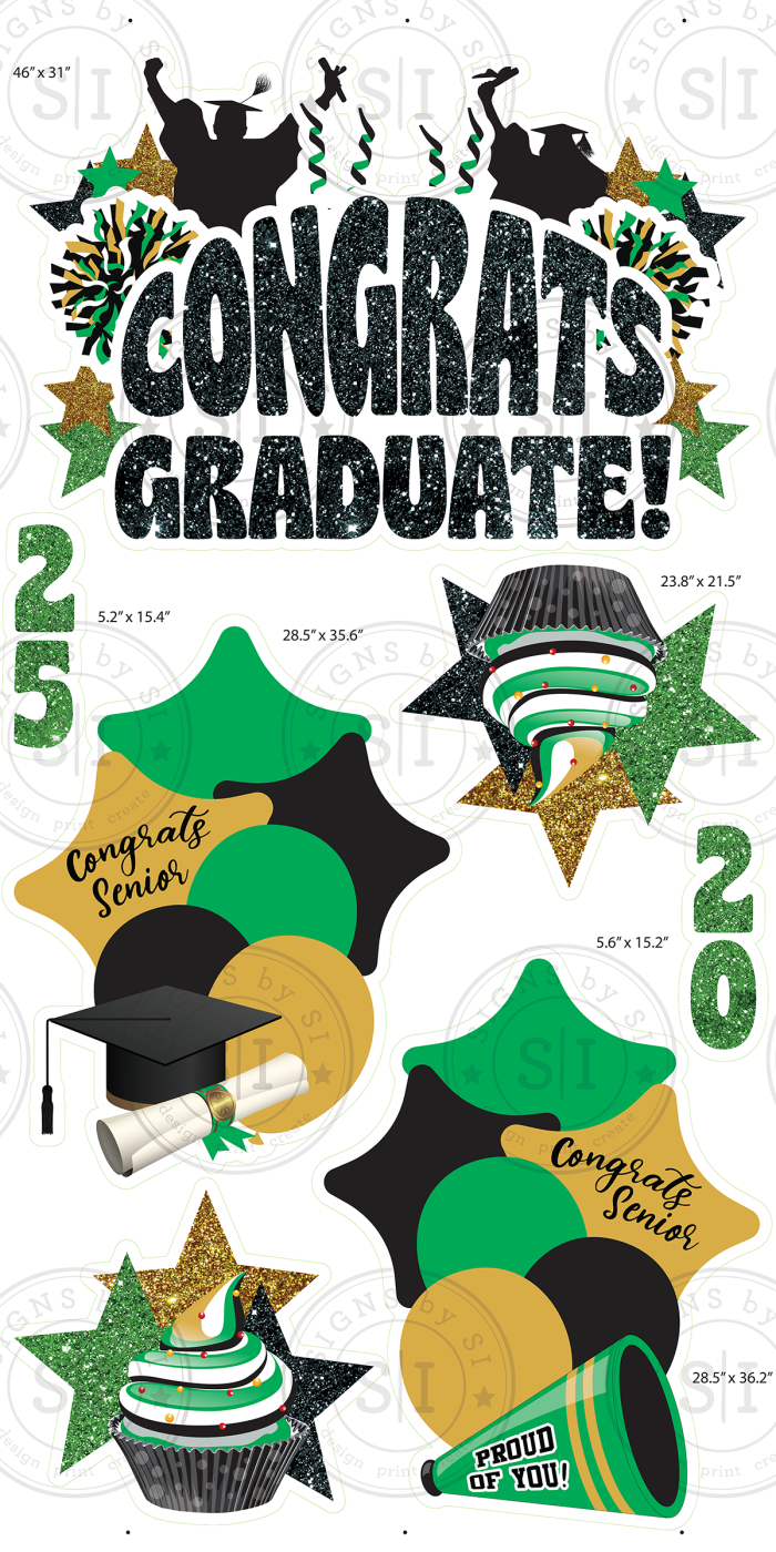 Kelly Green, Gold & Black Glitter Graduation Smart Set - 7 Pieces - Image 2