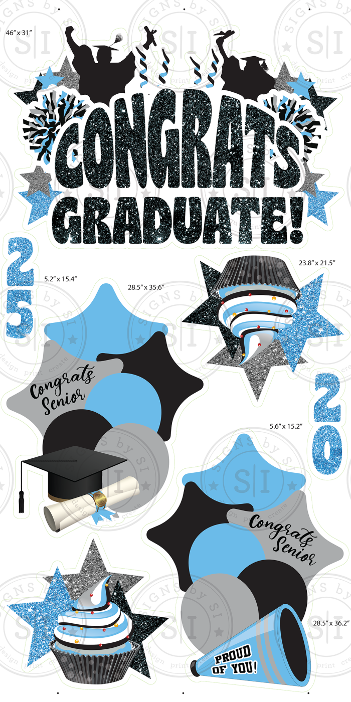 Powder Blue & Black Glitter Graduation Smart Set - 7 Pieces