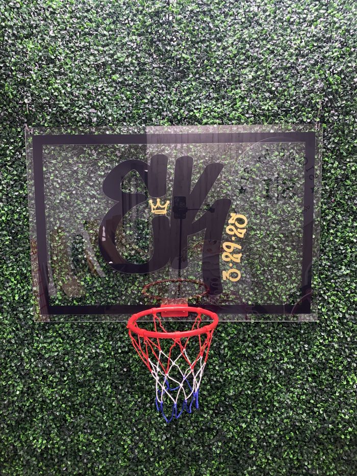 Basketball Theme with Hoop Acrylic Layered + Neon Accent Sign In Board for Events, Wedding, Bar/Bat Mitzvahs