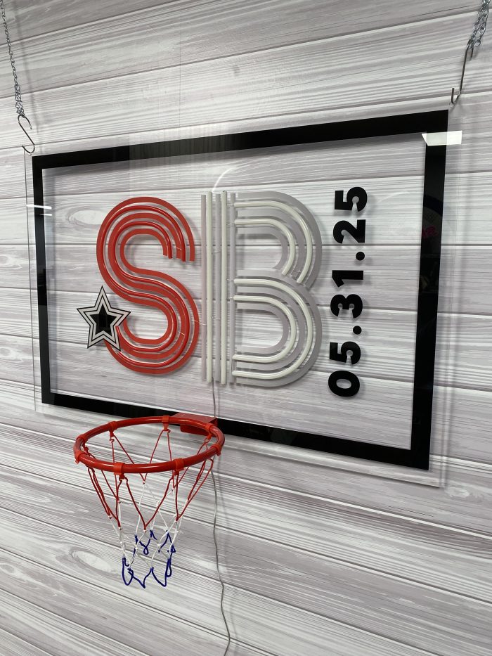 Basketball Theme with Hoop Acrylic Layered + Neon Accent Sign In Board for Events, Wedding, Bar/Bat Mitzvahs - Image 6