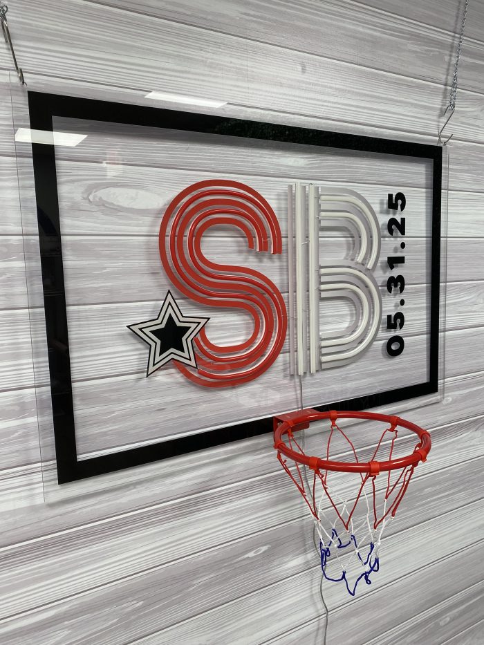 Basketball Theme with Hoop Acrylic Layered + Neon Accent Sign In Board for Events, Wedding, Bar/Bat Mitzvahs - Image 3