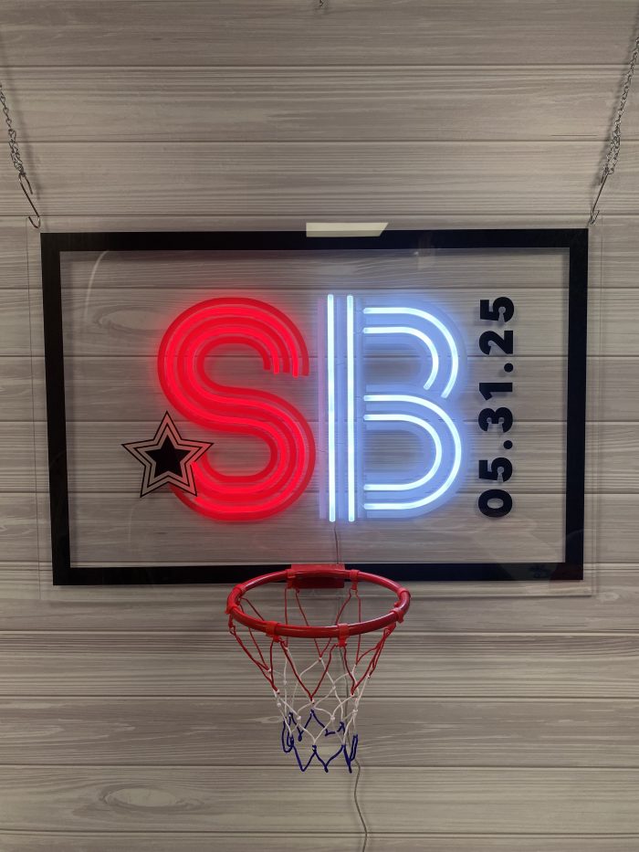 Basketball Theme with Hoop Acrylic Layered + Neon Accent Sign In Board for Events, Wedding, Bar/Bat Mitzvahs