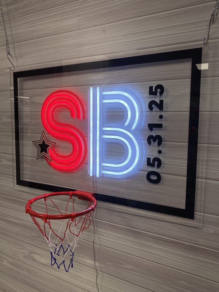 Basketball Theme with Hoop Acrylic Layered + Neon Accent Sign In Board for Events, Wedding, Bar/Bat Mitzvahs - Image 5