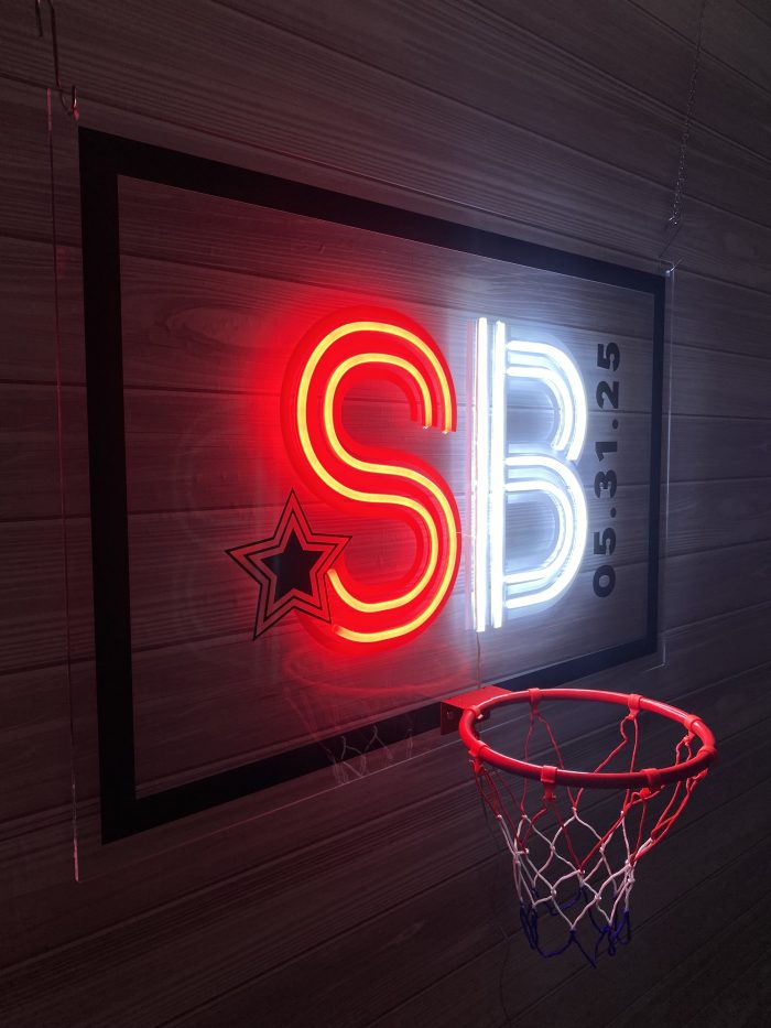 Basketball Theme with Hoop Acrylic Layered + Neon Accent Sign In Board for Events, Wedding, Bar/Bat Mitzvahs - Image 4